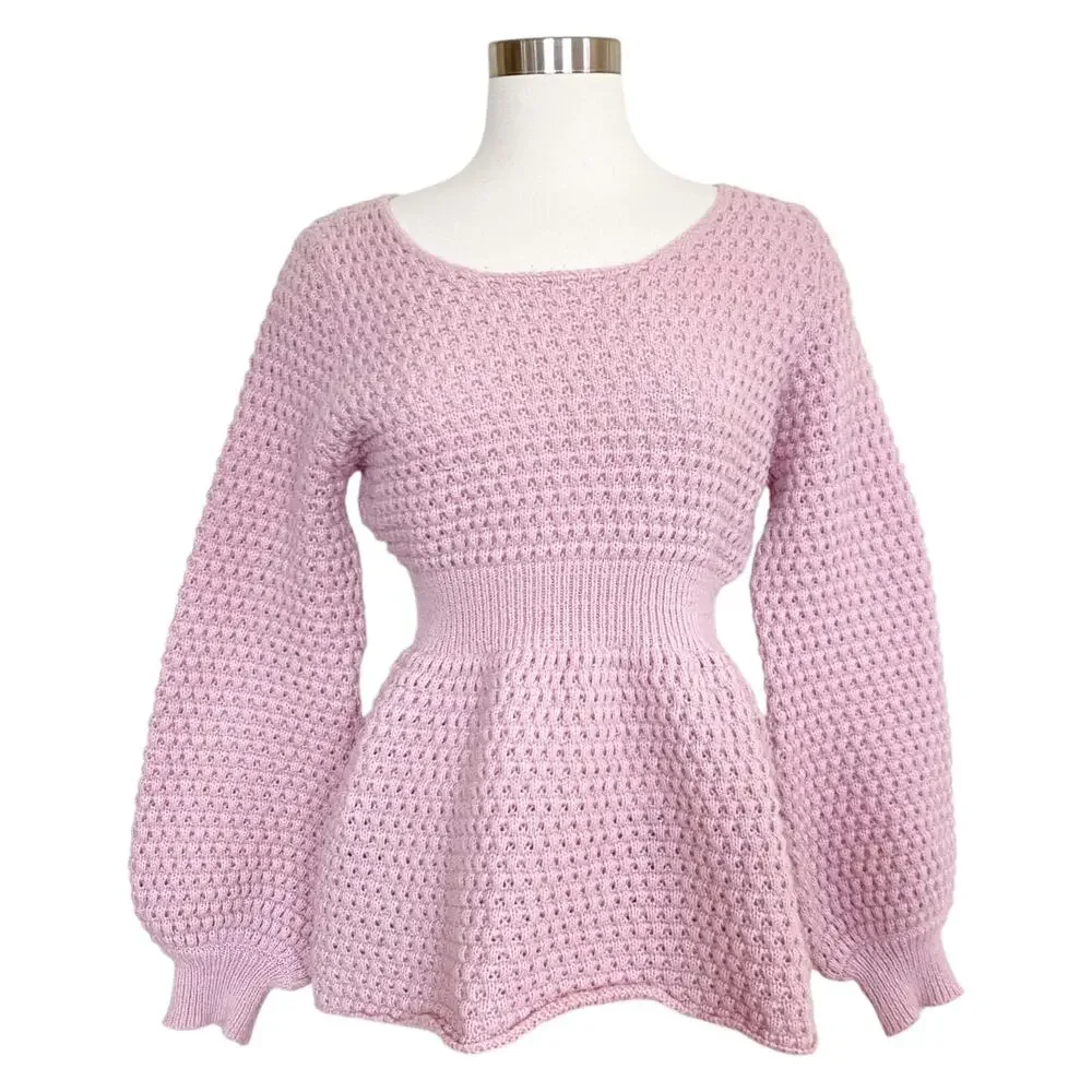 Pink Knitted Balloon Sleeve Peplum Sweater Ditsy Twee Pastel Cottagecore NWOT